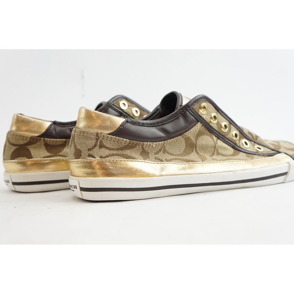Coach Felix Sneakers 8.5B Gold Brown Signature Jacquard Metallic Excellent - Picture 2 of 5